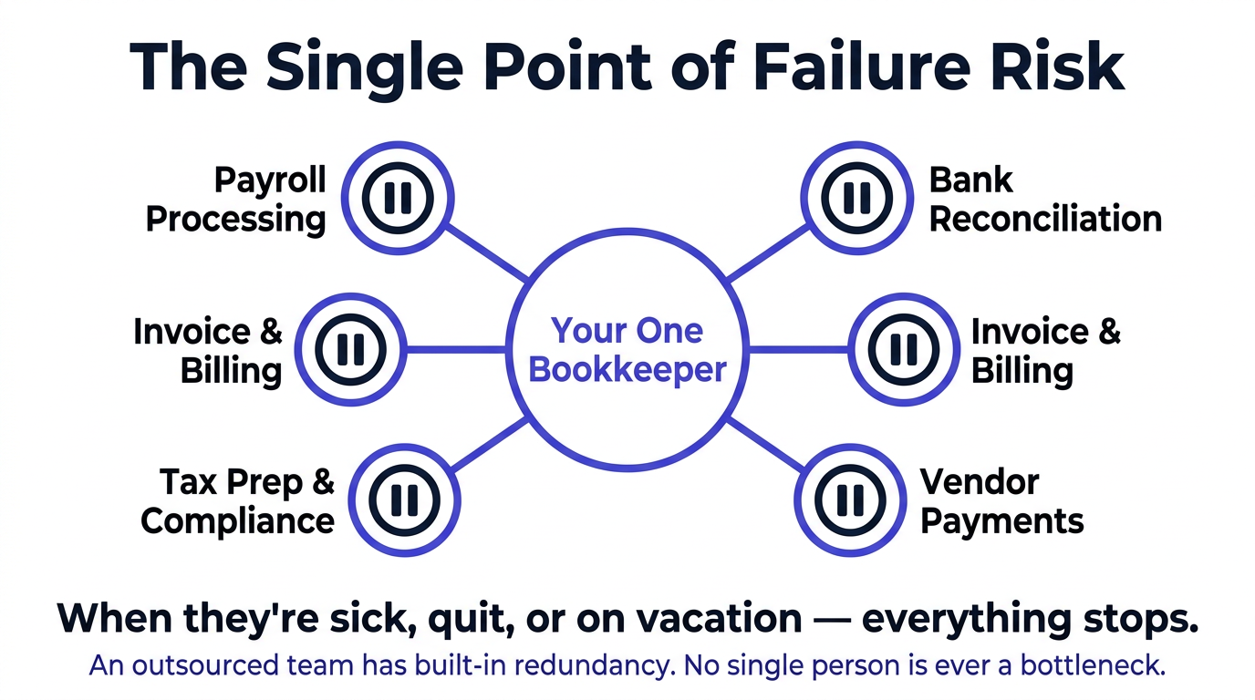 Pro tip: The single point of failure risk when one person handles all bookkeeping