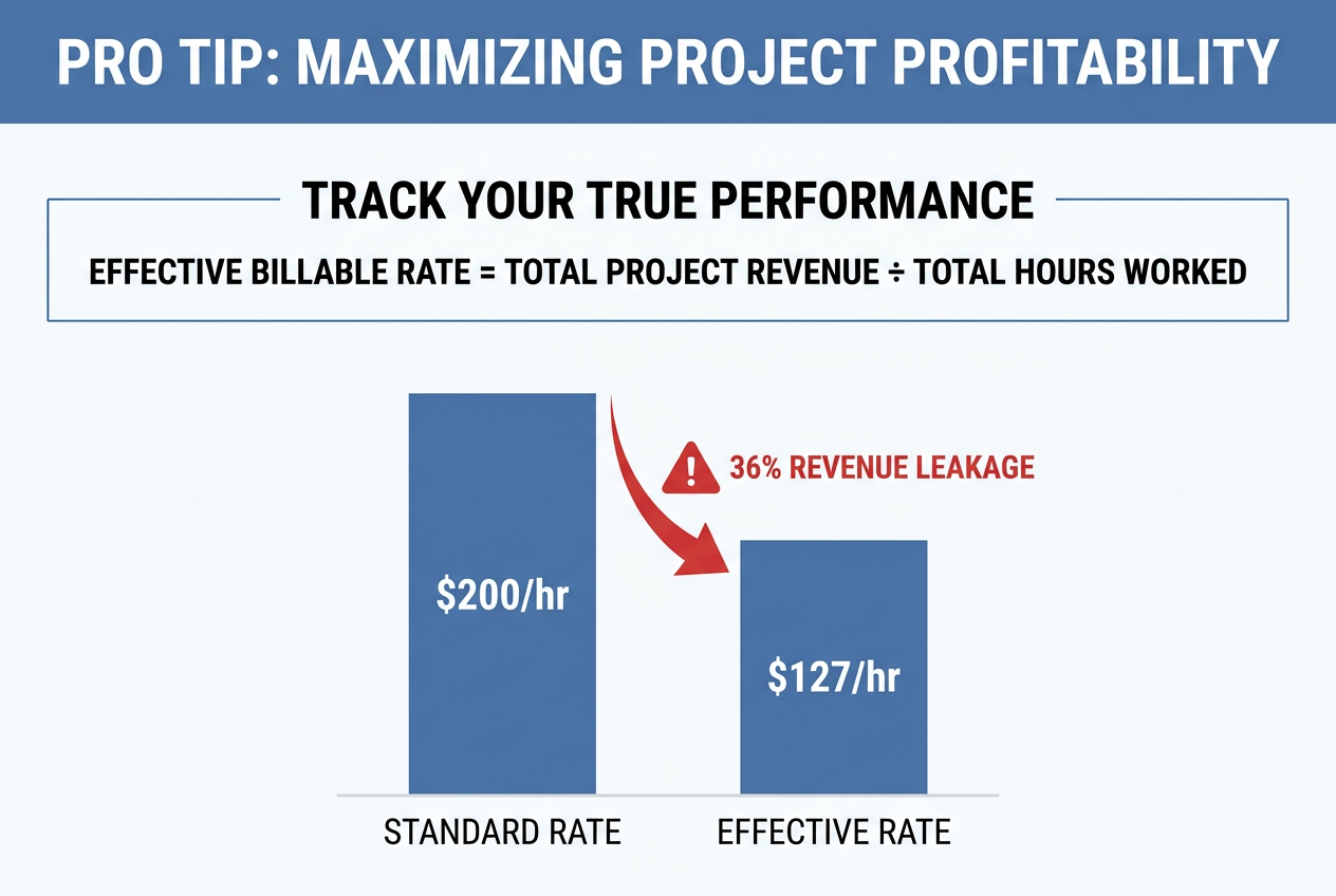 Standard rate vs effective billable rate comparison showing 36% revenue leakage
