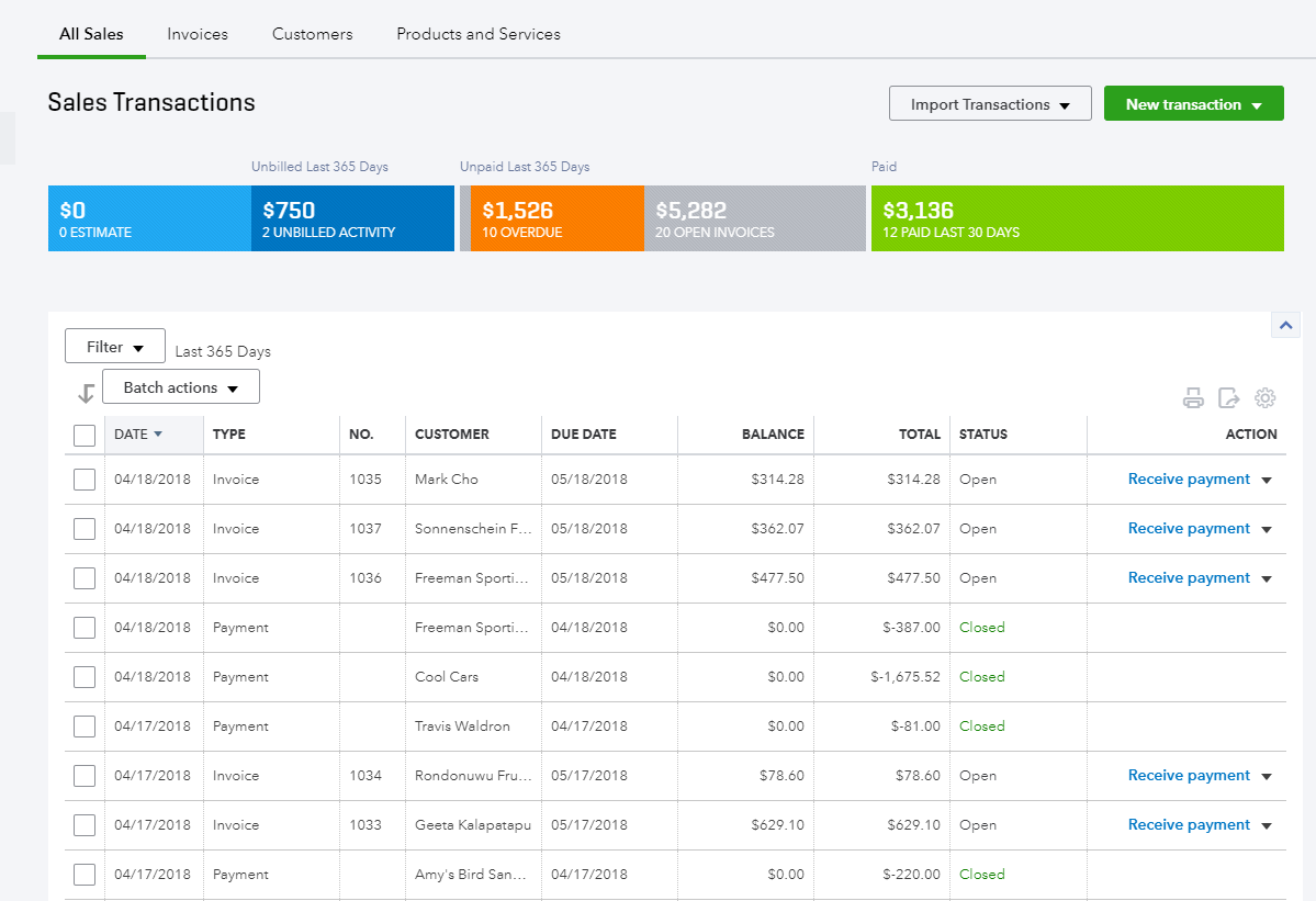 quickbooks sales transactions