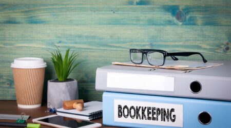bookkeeping concept. Binders on desk in the office. Business background